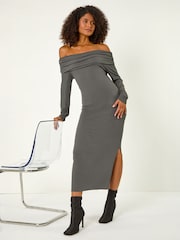 Roman Grey Off The Shoulder Stretch Bardot Midi Dress - Image 3 of 4