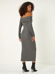 Roman Grey Off The Shoulder Stretch Bardot Midi Dress - Image 4 of 4