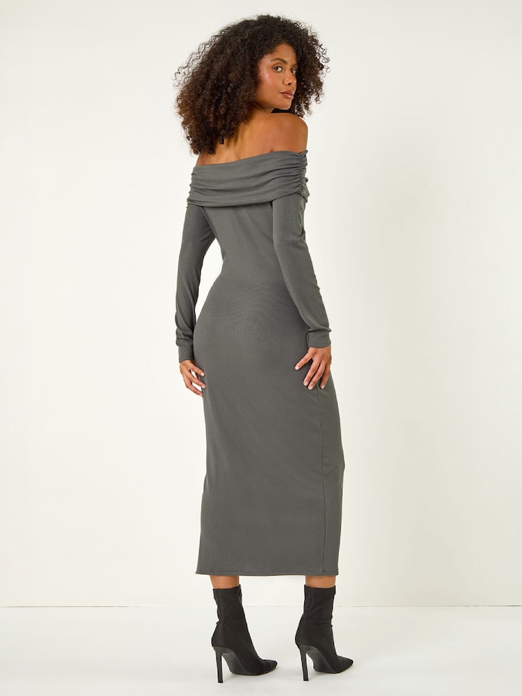 Roman Grey Off The Shoulder Stretch Bardot Midi Dress - Image 4 of 4 Roman Grey Off The Shoulder Stretch Bardot Midi Dress - Image 4 of 4