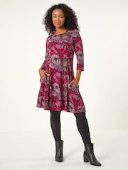 Roman Red Petite Floral Print A-Line Stretch Dress - Image 1 of 4