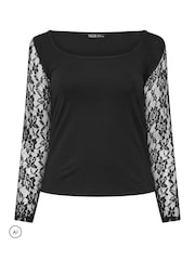 Yours Curve Black Limited Lace Sleeve Square Neck Top - Image 5 of 6