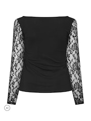 Yours Curve Black Limited Lace Sleeve Square Neck Top - Image 6 of 6