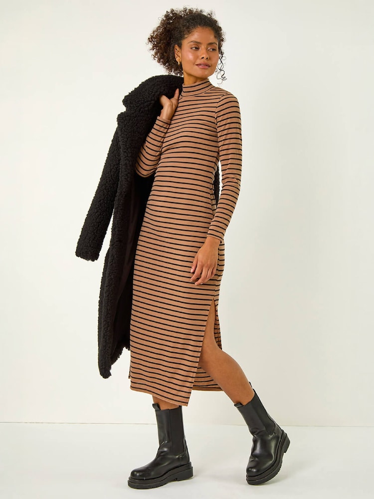 Roman Brown High Neck Stripe Bodycon Midi Dress - Image 1 of 4 Roman Brown High Neck Stripe Bodycon Midi Dress - Image 1 of 4