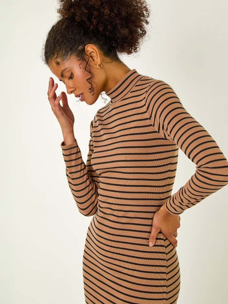 Roman Brown High Neck Stripe Bodycon Midi Dress - Image 2 of 4 Roman Brown High Neck Stripe Bodycon Midi Dress - Image 2 of 4