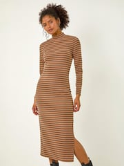 Roman Brown High Neck Stripe Bodycon Midi Dress - Image 4 of 4