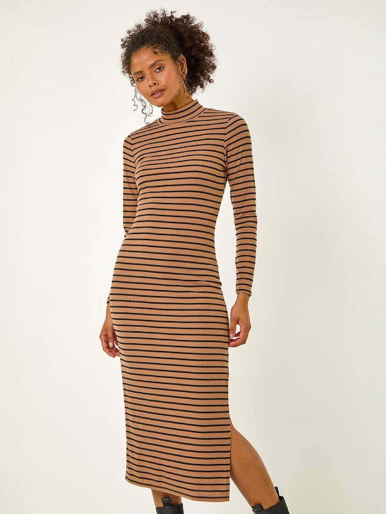 Roman Brown High Neck Stripe Bodycon Midi Dress - Image 4 of 4 Roman Brown High Neck Stripe Bodycon Midi Dress - Image 4 of 4