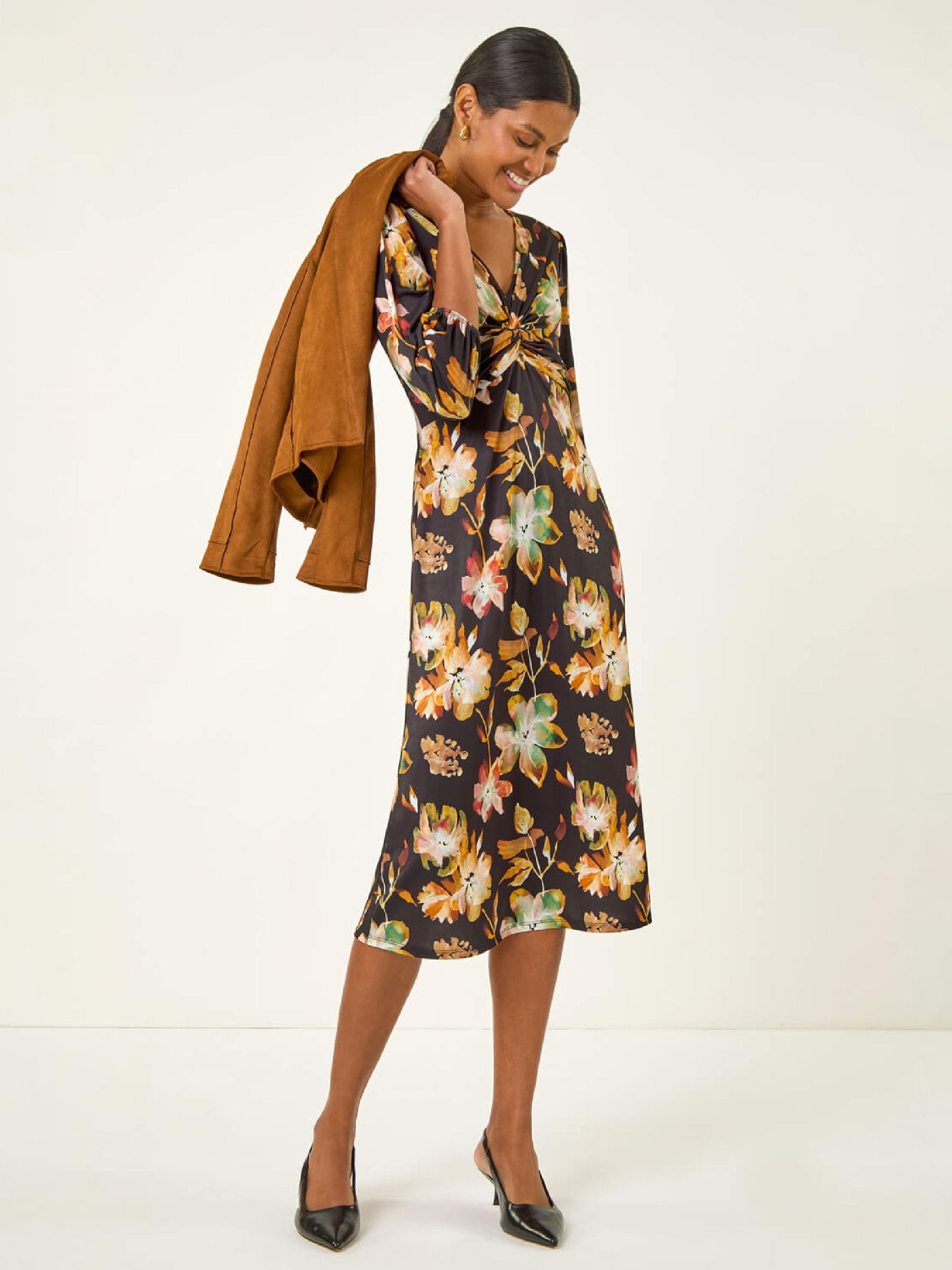 Roman Women's Orange Floral Twist Front Midi Dress - Image 3