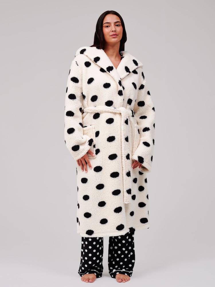 Loungeable Polka Dot Cosy Borg Fleece Midi Hooded Dressing Gown - Slika 1 iz 6