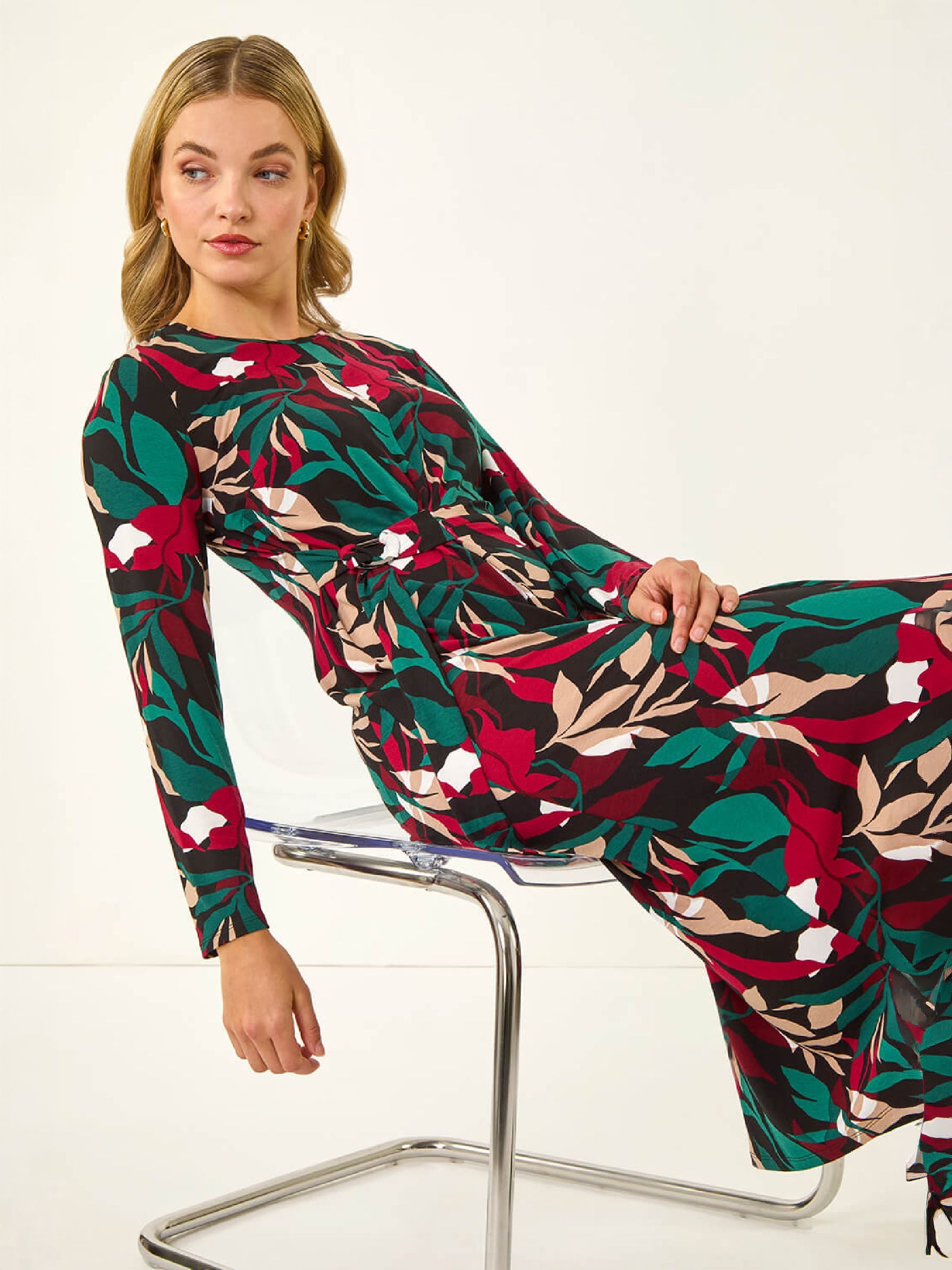 Roman Womens Floral Print Ring Buckle Stretch Midi Dress, Red, Size 16, Women - Image 5