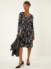 Roman Black Floral Print Twist Front Midi Dress - Image 1 of 4