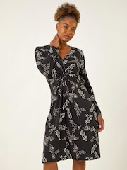 Roman Black Floral Print Twist Front Midi Dress - Image 2 of 4