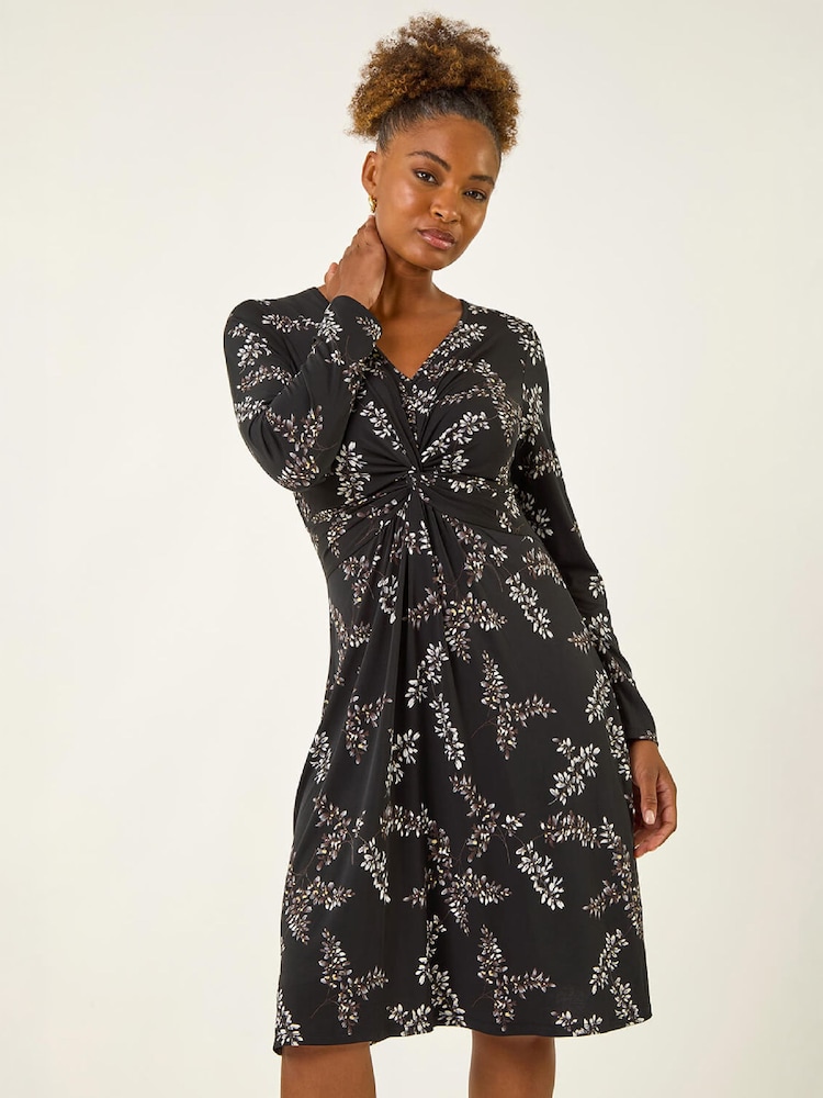 Roman Black Floral Print Twist Front Midi Dress - Image 2 of 4