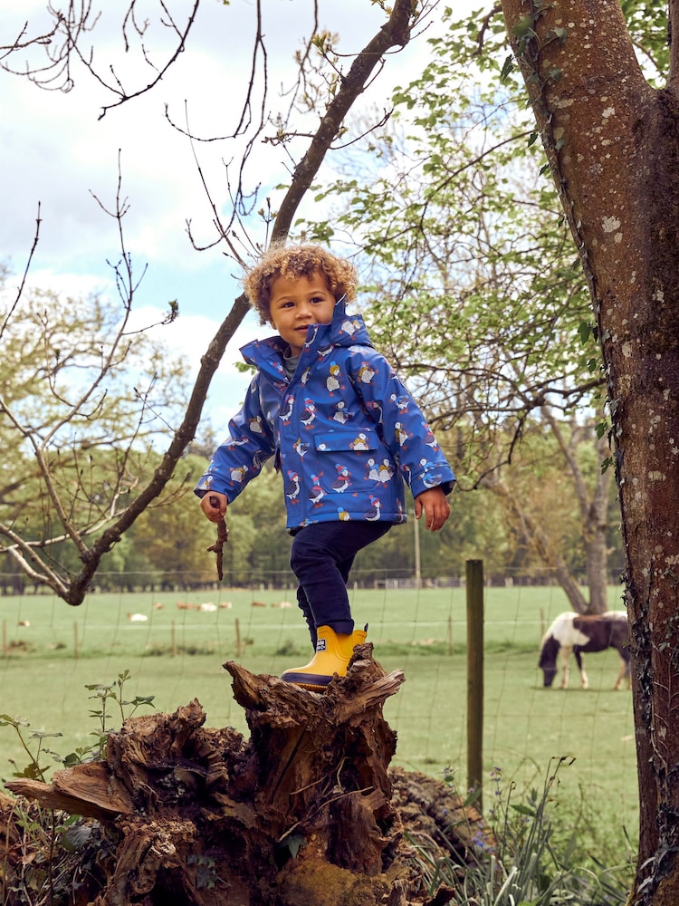 JoJo Maman Bébé Denim Blue Puffin Print Cosy Waterproof Jacket - Image 2 of 7