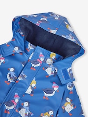 JoJo Maman Bébé Denim Blue Puffin Print Cosy Waterproof Jacket - Image 5 of 7