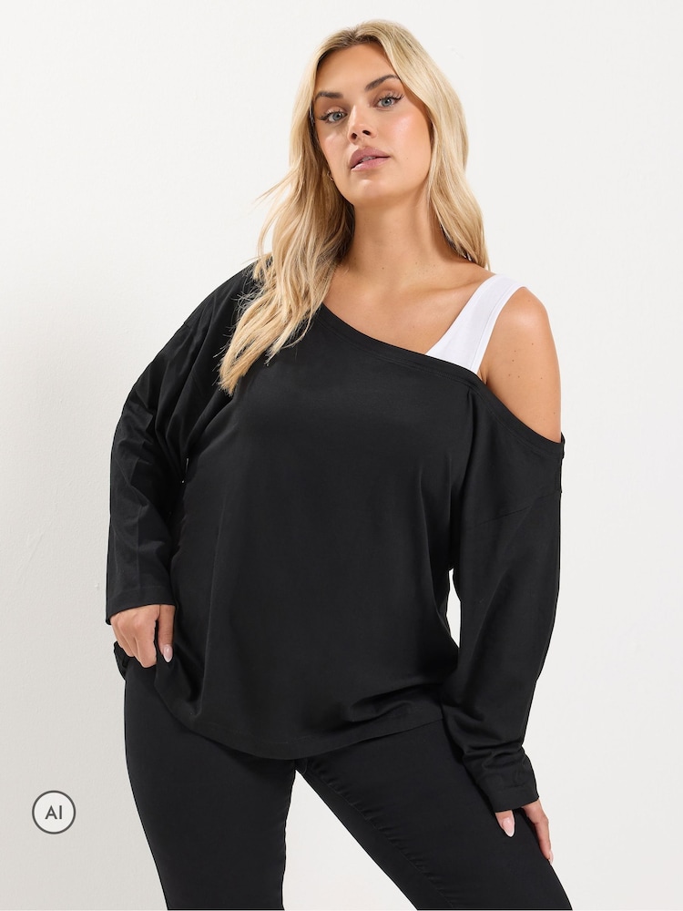 Yours Curve Black 2 In 1 Long Sleeve Insert T-Shirt - Image 1 of 4