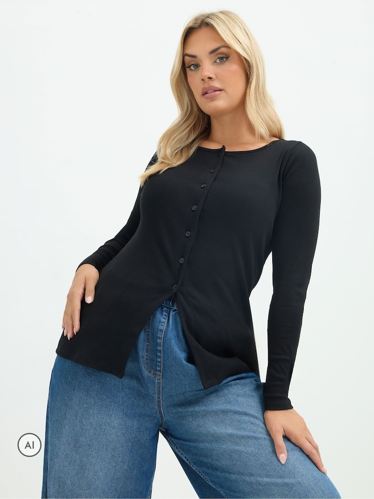 Yours Curve Black Limited Long Sleeve Button Top - Image 1 of 6