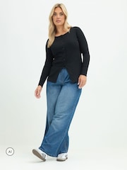 Yours Curve Black Limited Long Sleeve Button Top - Image 2 of 6