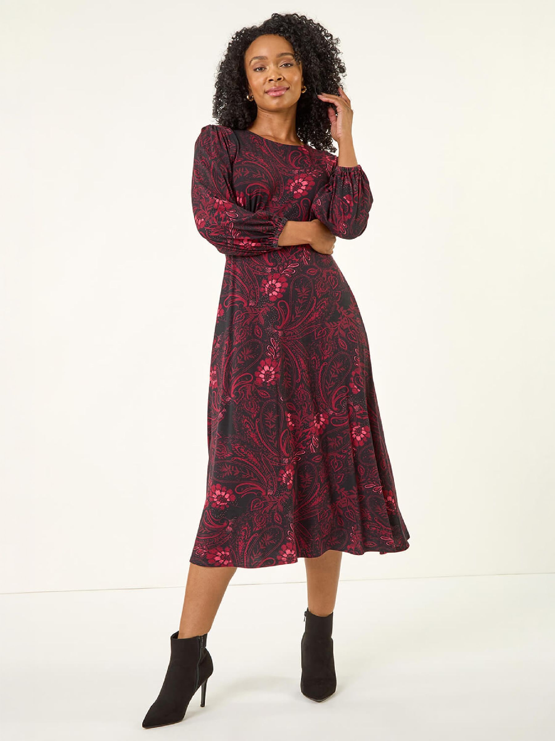 Roman Women's Red Petite Abstract Print Midi Stretch Dress - Image 1