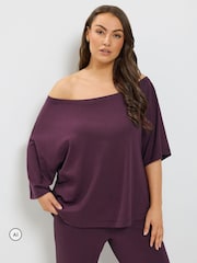 Yours Curve Purple Co-ord Slash Neck T-Shirt And Trousers Set - Image 1 of 6
