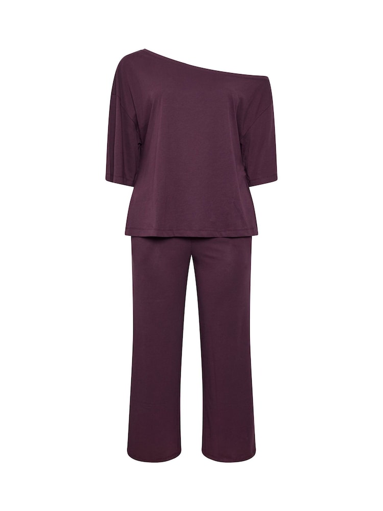 Yours Curve Purple Co-ord Slash Neck T-Shirt And Trousers Set - Image 1 of 6