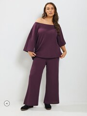 Yours Curve Purple Co-ord Slash Neck T-Shirt And Trousers Set - Image 2 of 6