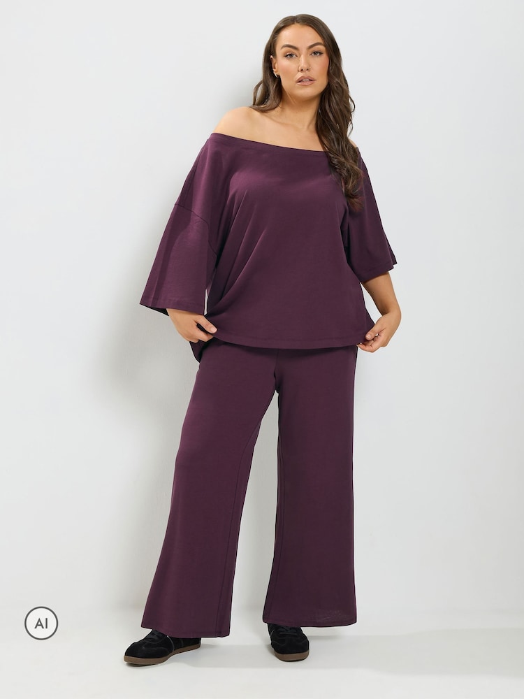 Yours Curve Purple Co-ord Slash Neck T-Shirt And Trousers Set - Image 2 of 6