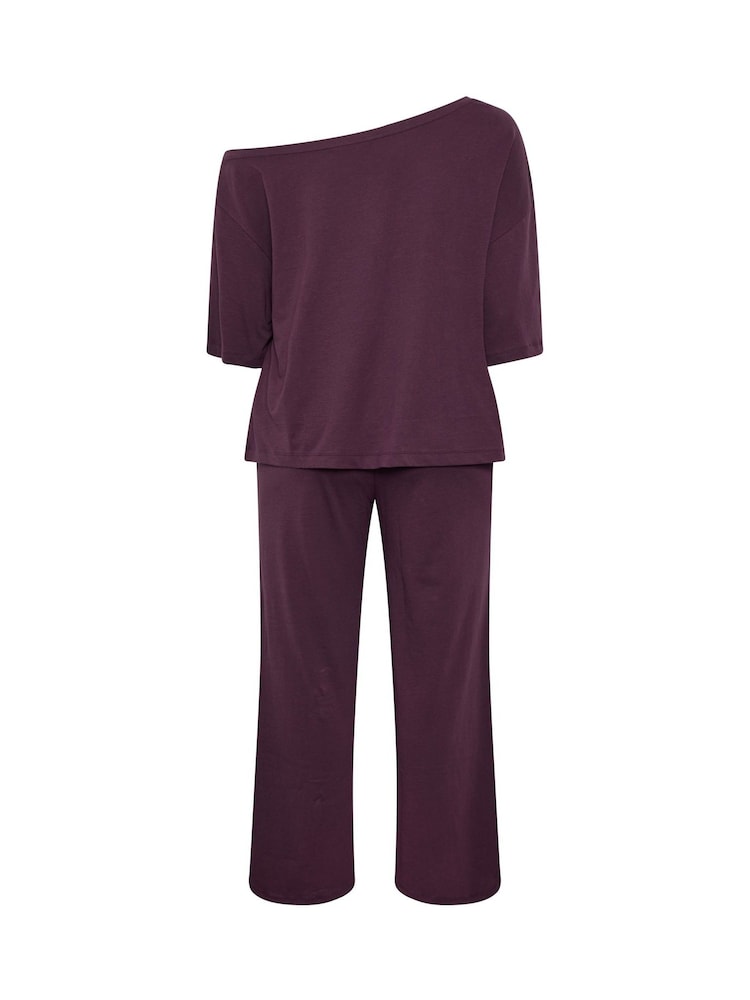 Yours Curve Purple Co-ord Slash Neck T-Shirt And Trousers Set - Image 6 of 6