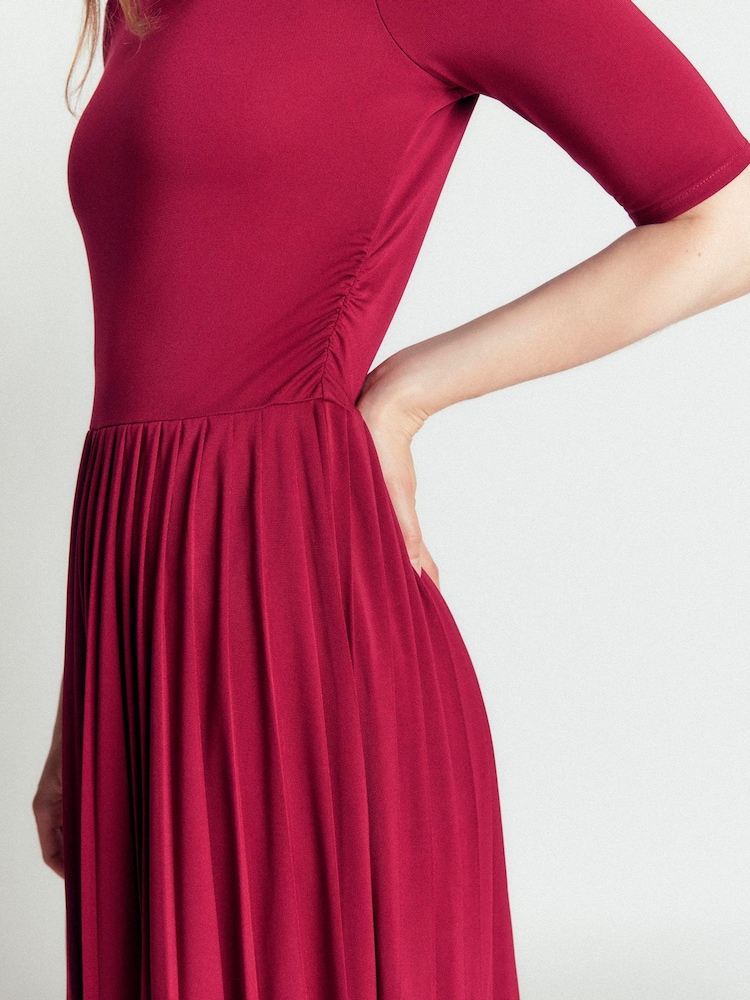 Boden Red Pleated Jersey Midi Dress - Image 2 of 6
