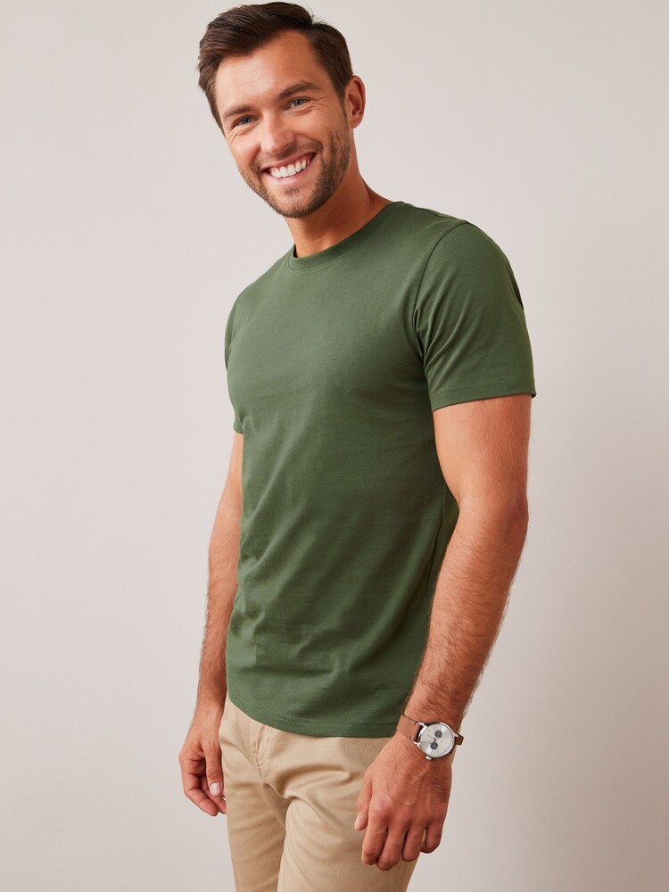 Green Dark Khaki Slim Fit Essential Crew Neck 100% Cotton T-Shirt - Image 1 of 5