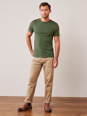 Green Dark Khaki Slim Fit Essential Crew Neck 100% Cotton T-Shirt - Image 3 of 5