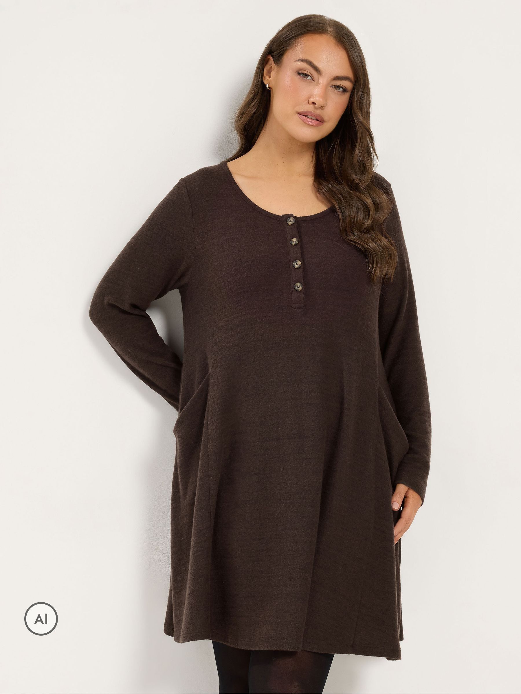Yours Women's Chocolate Henley Drape Pocket Dress In | Size: 26/28 - Image 2