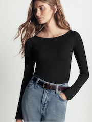 Boden Black Button Cuff Ribbed Boatneck Long Sleeve T-Shirt - Image 1 of 6