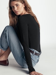 Boden Black Button Cuff Ribbed Boatneck Long Sleeve T-Shirt - Image 2 of 6