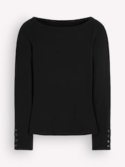 Boden Black Button Cuff Ribbed Boatneck Long Sleeve T-Shirt - Image 6 of 6