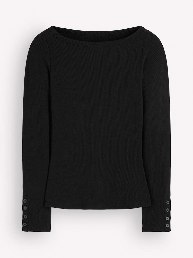 Boden Black Button Cuff Ribbed Boatneck Long Sleeve T-Shirt - Image 6 of 6 Boden Black Button Cuff Ribbed Boatneck Long Sleeve T-Shirt - Image 6 of 6