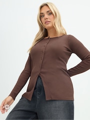 Yours Curve Brown Limited Long Sleeve Button Top - Image 1 of 6