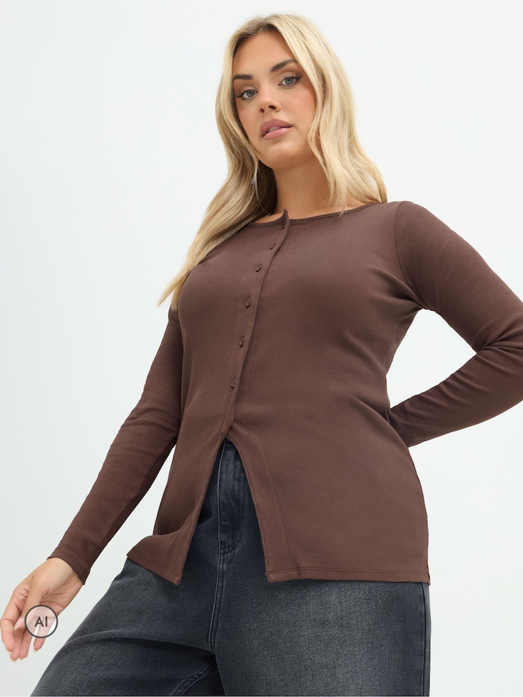 Yours Curve Brown Limited Long Sleeve Button Top - Image 1 of 6