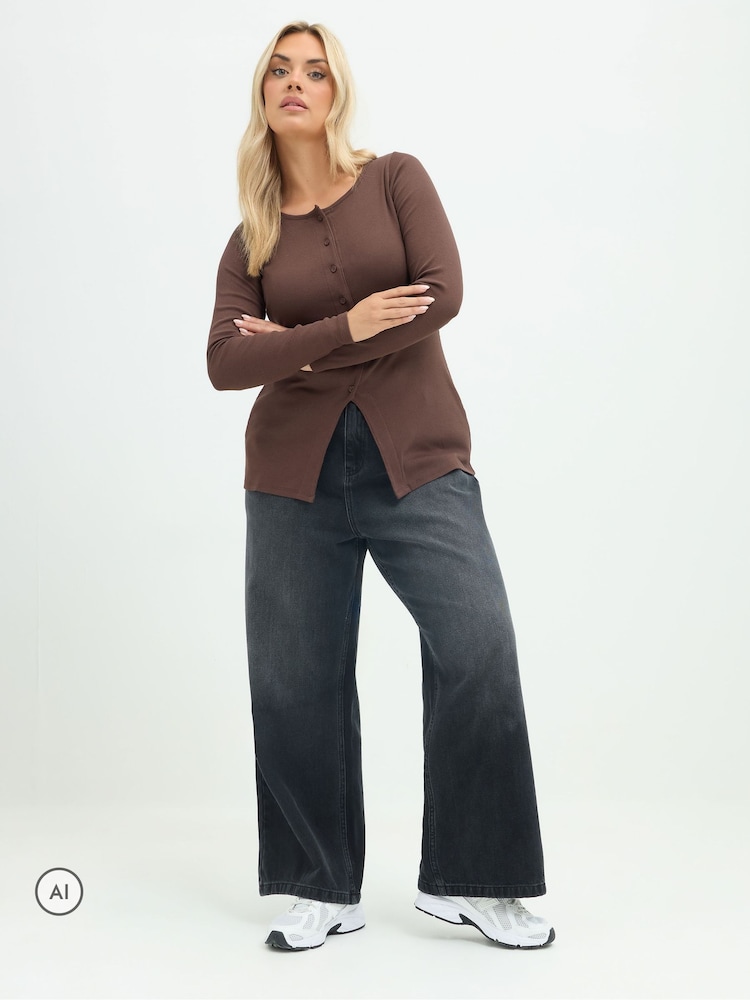 Yours Curve Brown Limited Long Sleeve Button Top - Image 2 of 6