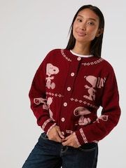 Skinnydip Red Peanuts Snoopy Winter Knitted Cardigan - Image 1 of 8