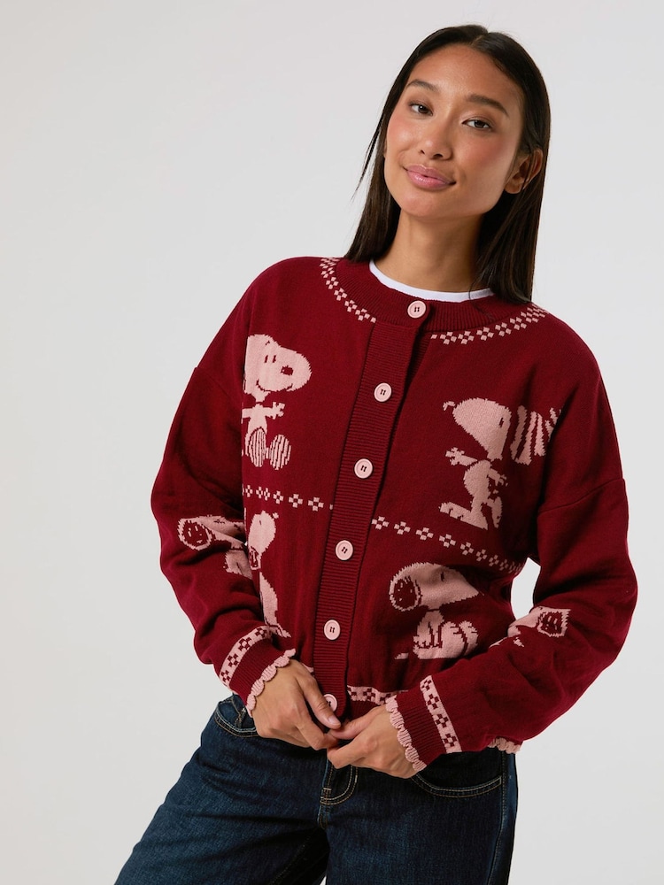 Skinnydip Red Peanuts Snoopy Winter Knitted Cardigan - Image 1 of 8 Skinnydip Red Peanuts Snoopy Winter Knitted Cardigan - Image 1 of 8