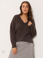 Yours Curve Brown Knitted V-Neckline Jumper - Image 1 of 6