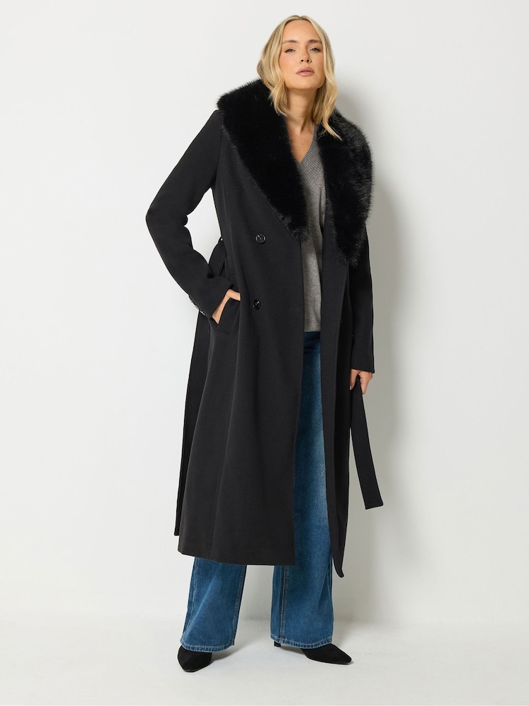 Long Tall Sally Black Faux Fur Collar Midi Coat - Image 1 of 6 Long Tall Sally Black Faux Fur Collar Midi Coat - Image 1 of 6