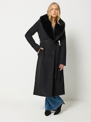 Long Tall Sally Black Faux Fur Collar Midi Coat - Image 2 of 6