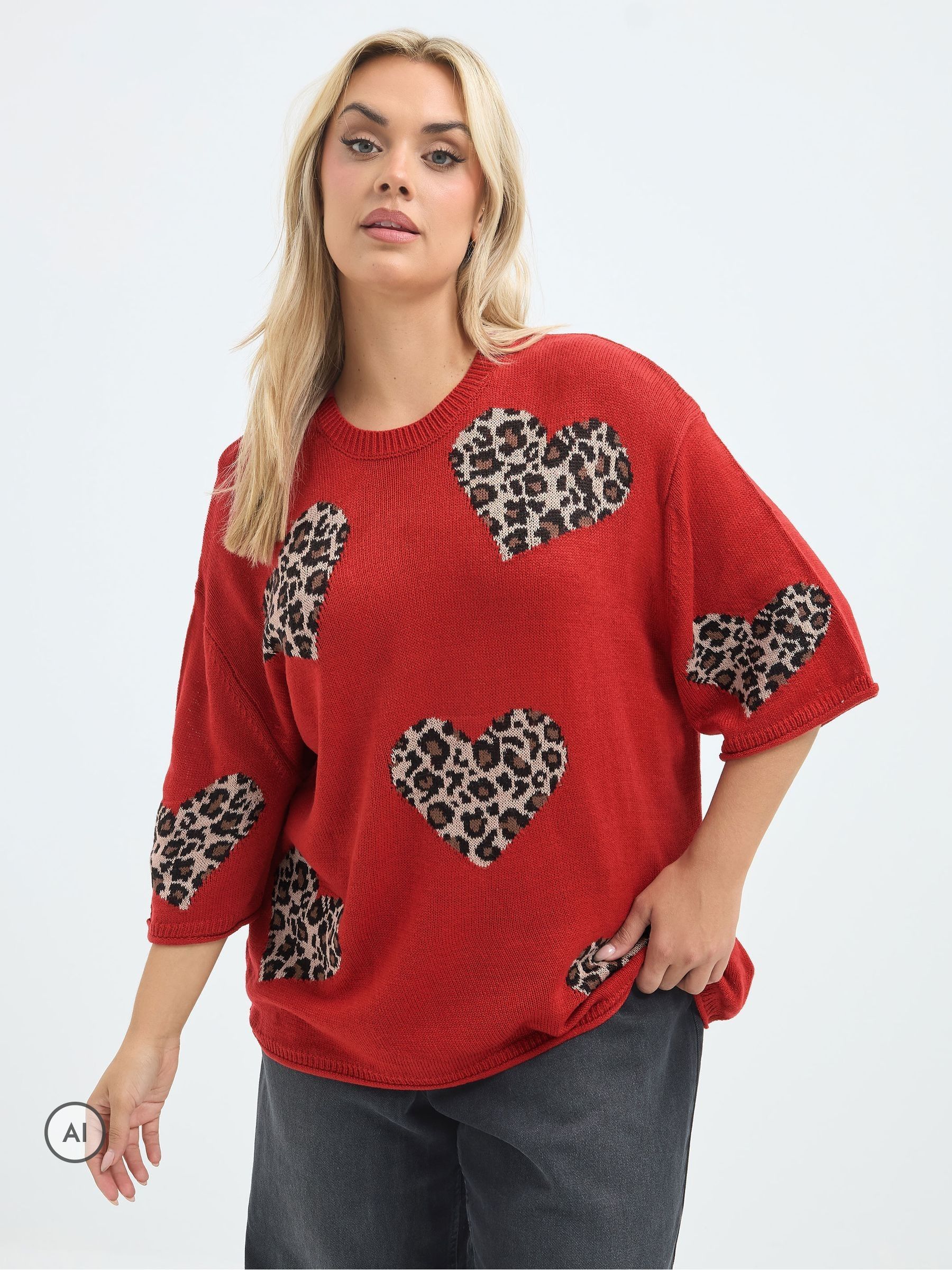 Yours Curve Women's Red Limited Heart Leopard Knitted Boxy Top - Image 1