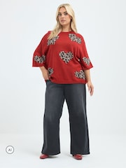 Yours Curve Red Limited Heart Leopard Knitted Boxy Top - Image 2 of 7