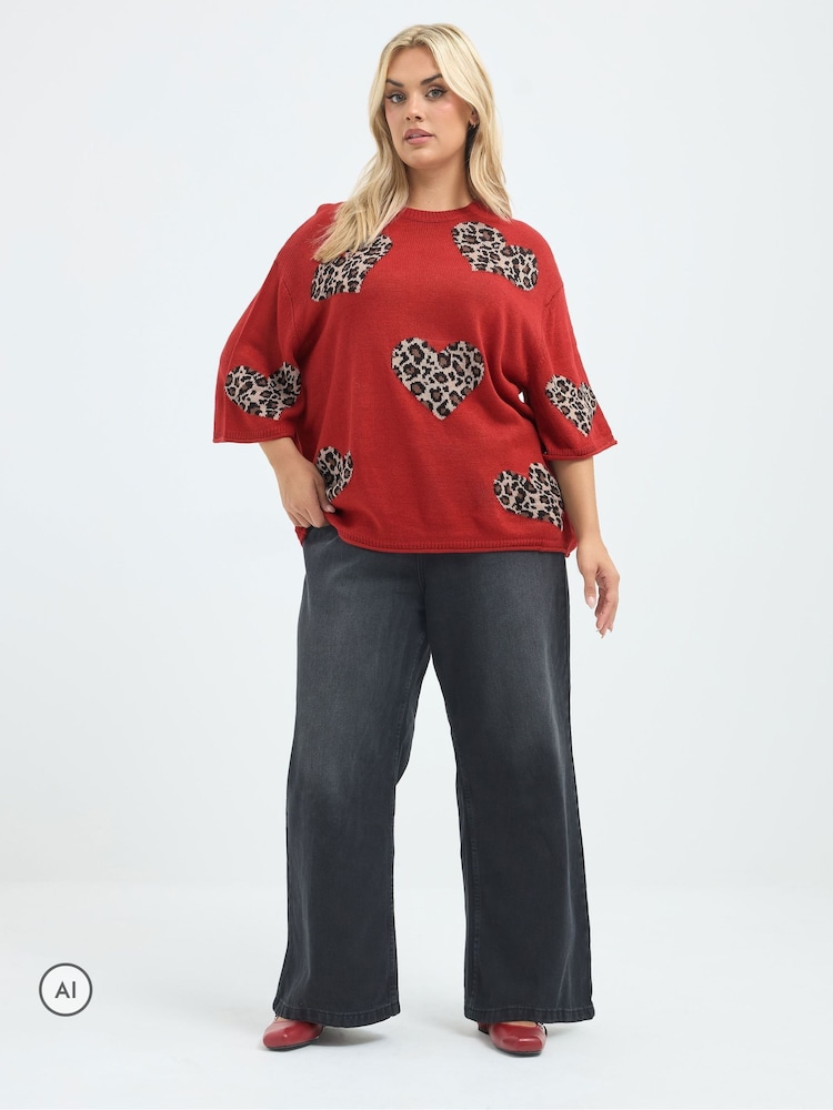 Yours Curve Red Limited Heart Leopard Knitted Boxy Top - Image 2 of 7