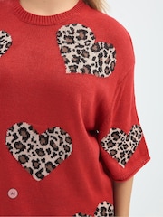 Yours Curve Red Limited Heart Leopard Knitted Boxy Top - Image 4 of 7