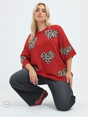 Yours Curve Red Limited Heart Leopard Knitted Boxy Top - Image 5 of 7