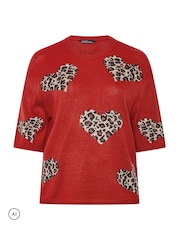 Yours Curve Red Limited Heart Leopard Knitted Boxy Top - Image 6 of 7