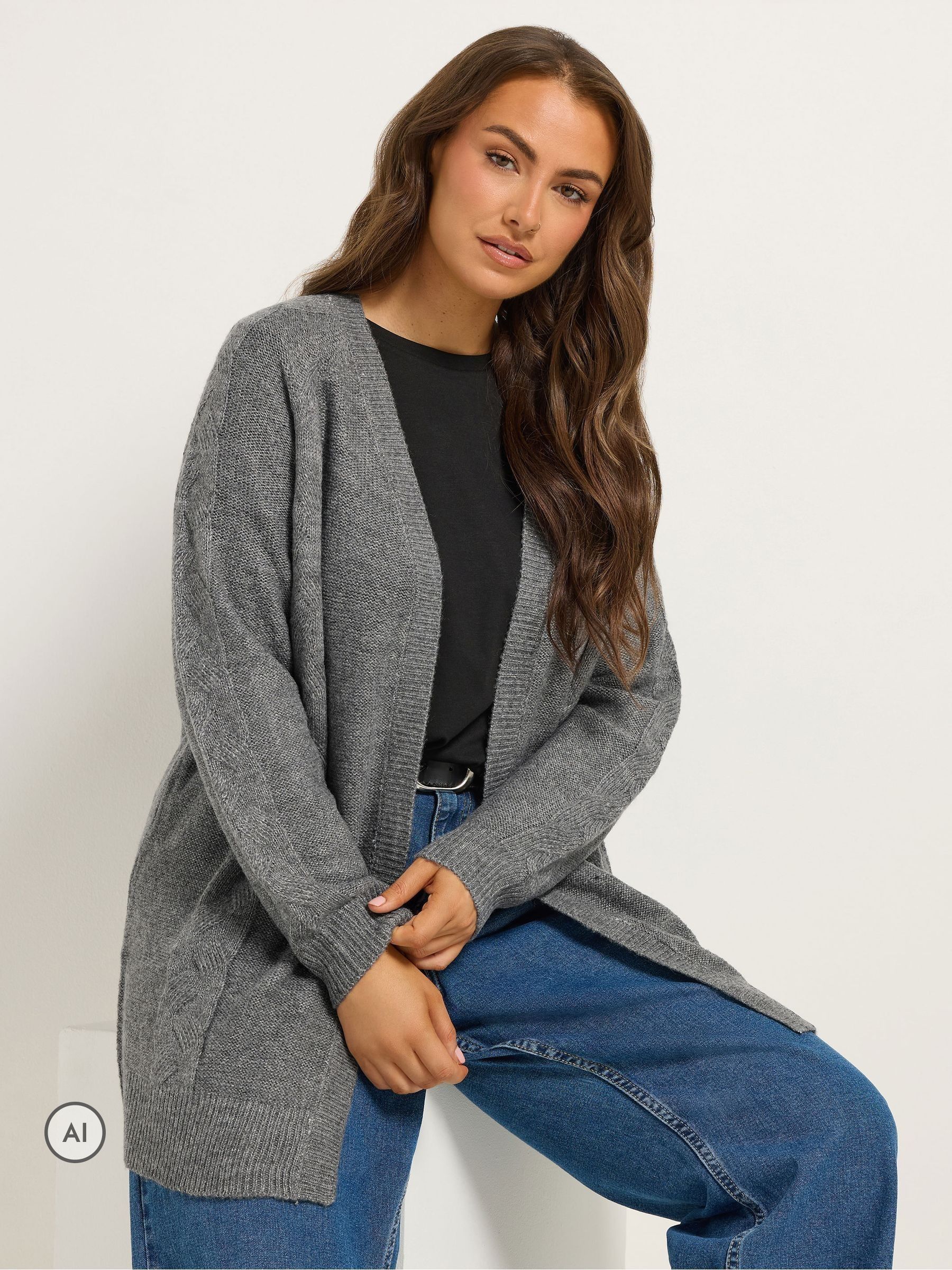 Yours Curve Women's Grey Cable Knit Throw On Cardigan